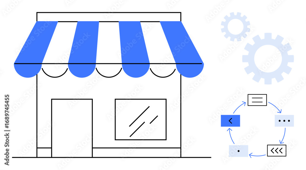 Poster small store building with an overhead awning, process flow elements in a circular layout, and gear v