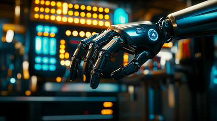 Fototapeta premium Robotic Hand in a Futuristic Setting with Illuminated Background