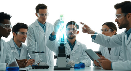 Science research team working in laboratory analyzing plant sample with microscope and digital technology on transparent background