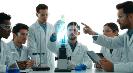Science research team working in laboratory analyzing plant sample with microscope and digital technology on transparent background