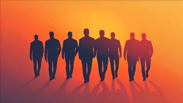 Silhouettes of nine people standing in a row against the backdrop of a sunset with warm orange hues.
