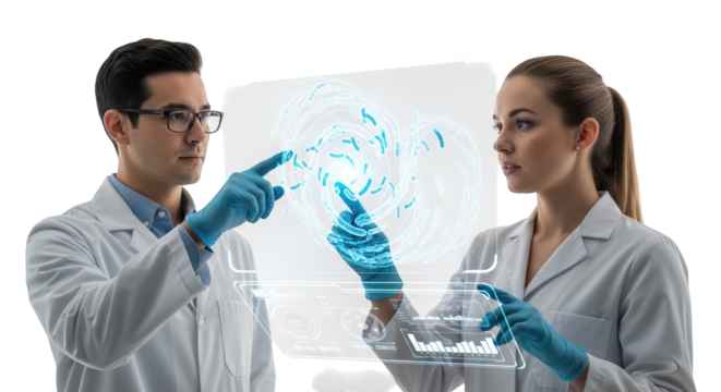 Scientists researching bacteria using futuristic technology in a modern laboratory setting today on transparent background