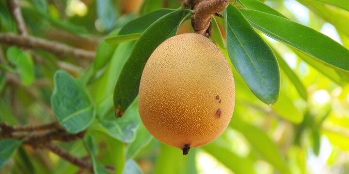 A vibrant sapodilla fruit, hanging on a tree with fresh green leaves, in natural sunlight.