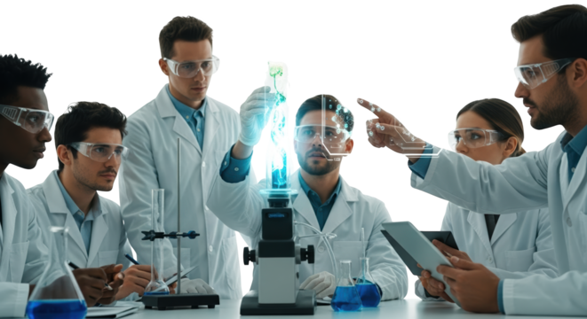 Science research team working in laboratory analyzing plant sample with microscope and digital technology on transparent background - Powered by Adobe