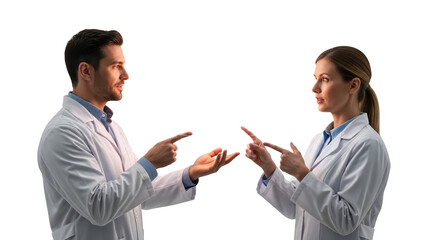 Medical professionals pointing at each other healthcare teamwork doctor discussion lab coat collaboration concept 100 on transparent background