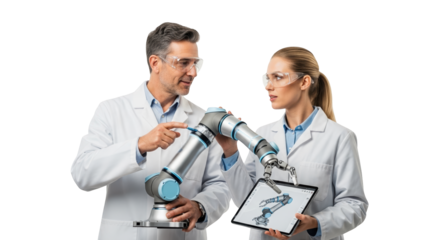 Scientists collaborating on robotic arm design and development for modern manufacturing and industry on transparent background