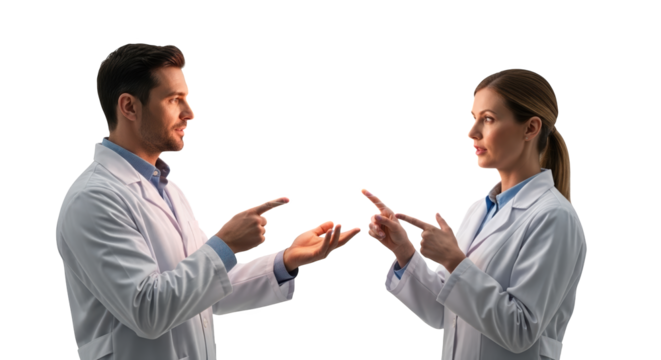 Medical professionals pointing at each other healthcare teamwork doctor discussion lab coat collaboration concept 100 on transparent background