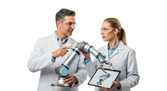 Scientists collaborating on robotic arm design and development for modern manufacturing and industry on transparent background