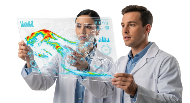 Analyzing climate change data team of scientists using futuristic technology and global weather patterns on transparent background