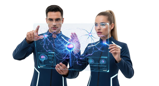 Futuristic technology interface augmented reality brain research neural network science team collaboration on transparent background - Powered by Adobe