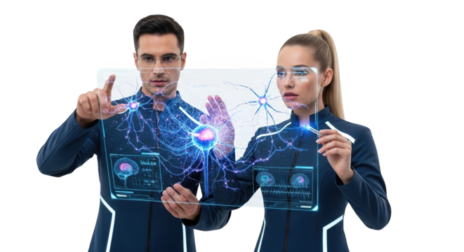 Futuristic technology interface augmented reality brain research neural network science team collaboration on transparent background