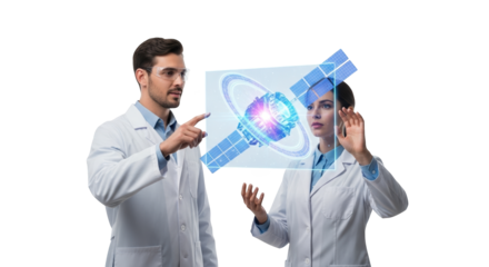 Scientists working on satellite technology research and development in a laboratory setting view hologram on transparent background