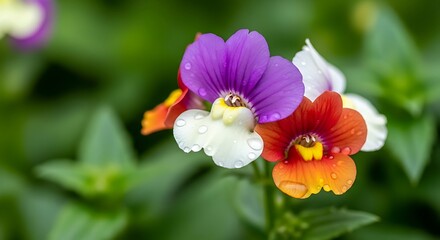 Colorful Bicolor Flower with Water Droplets in Green Garden Setting