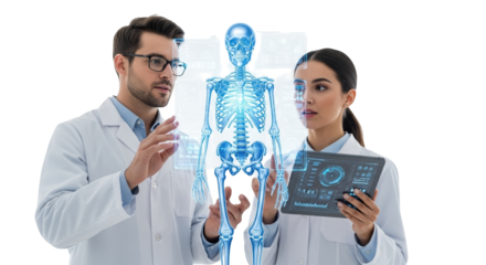 Medical research team analyzing human skeleton anatomy with digital interface technology scan data on transparent background