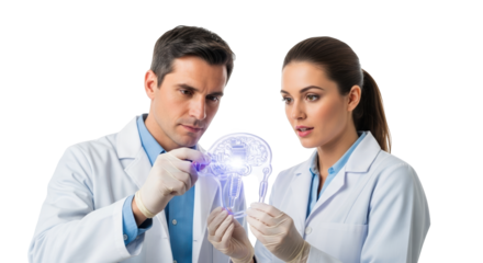 Medical research team analyzing brain scan for neurological disease diagnosis and treatment options on transparent background