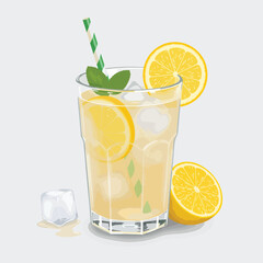 Vector Illustration of Lemonade Glass with Lemon Slices and Mint in Modern Minimalist Style