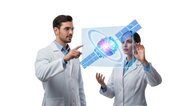 Scientists working on satellite technology research and development in a laboratory setting view hologram on transparent background