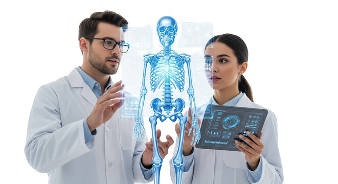 Medical research team analyzing human skeleton anatomy with digital interface technology scan data on transparent background