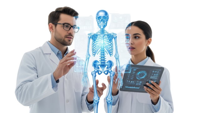 Medical research team analyzing human skeleton anatomy with digital interface technology scan data on transparent background