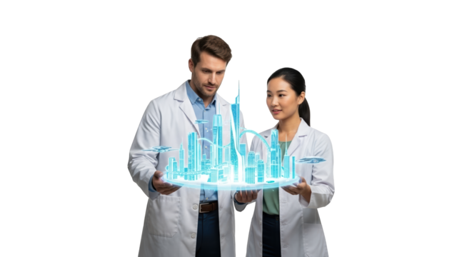 Architects future city design team innovation technology urban planning futuristic cityscape hologram project on transparent background