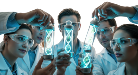Dna research scientists examining dna samples in lab for genetic engineering and biotechnology study on transparent background