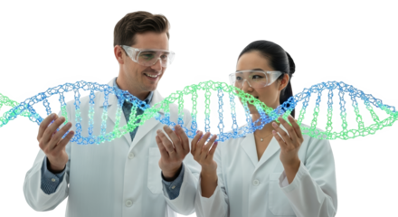 Dna research scientists examining helix structure in laboratory for genetic engineering study on transparent background