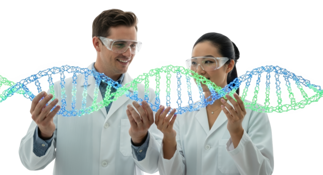 Dna research scientists examining helix structure in laboratory for genetic engineering study on transparent background