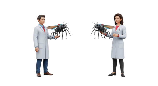 Scientists studying insect research in lab coats holding large bugs for scientific analysis work on transparent background