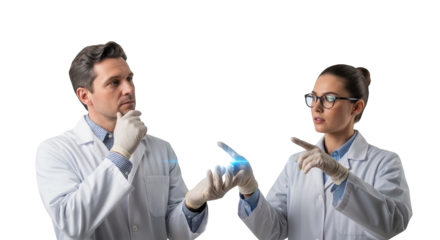 Two scientists in lab coats examining a sample for medical research and pharmaceutical development work on transparent background
