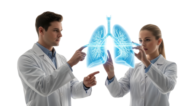 Doctors analyzing lung health with futuristic technology for medical research and diagnosis use case on transparent background