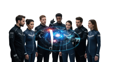 Star trek discovery team analyzing galaxy data future technology space exploration science fiction concept art on transparent background