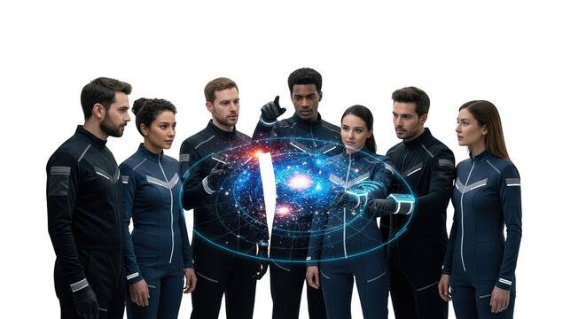 Star trek discovery team analyzing galaxy data future technology space exploration science fiction concept art on transparent background - Powered by Adobe