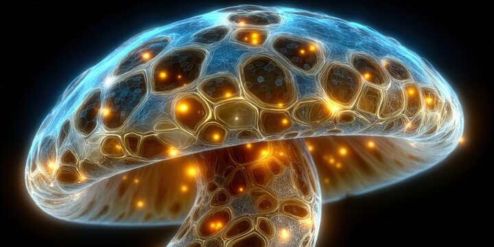 A mesmerizing bioluminescent mushroom glows with vibrant colors and intricate patterns.