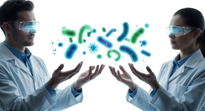 Scientists researching bacteria and virus with vr glasses in laboratory for medical innovation 100 on transparent background