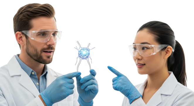 Scientists working on nanotechnology research in lab for future innovation and technology on transparent background