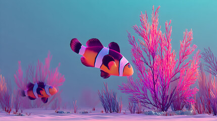 Two ocellaris clownfish swimming in an aquarium with artificial coral.