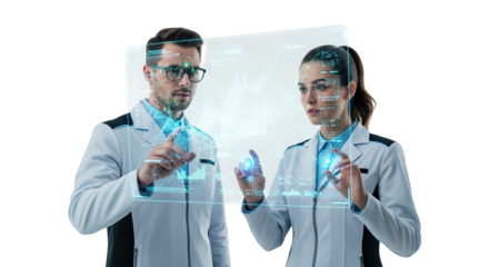 Medical professionals using futuristic augmented reality interface for data analysis and research on transparent background