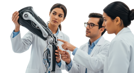 Medical team analyzing prosthetic limb technology for advanced rehabilitation research and development on transparent background
