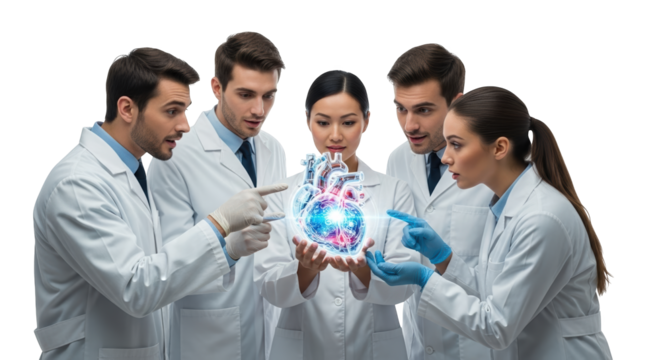 Cardiology research team examining heart health with advanced technology and innovation in medicine on transparent background