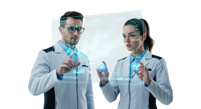 Medical professionals using futuristic augmented reality interface for data analysis and research on transparent background