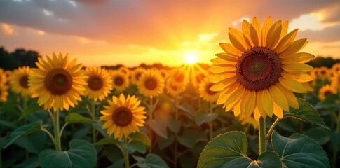Fototapeta premium Sunlit Sunflower Field at Sunrise Golden Petals Gleaming, Breathtaking Nature Scene