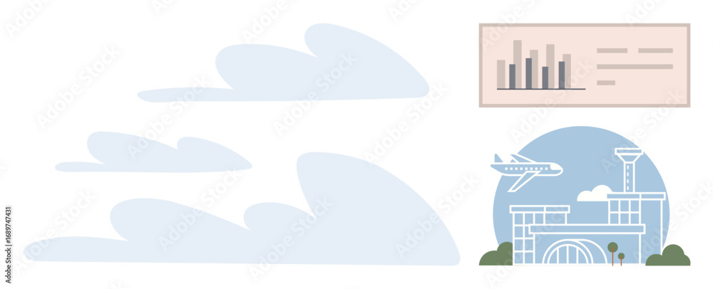 Poster airplane flying by airport terminal, framed by clouds and a data chart with a bar graph. ideal for a