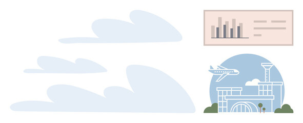 Airplane flying by airport terminal, framed by clouds and a data chart with a bar graph. Ideal for aviation, travel, business growth, analytics, transportation, global connections logistics. Simple