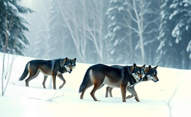 Wild Wolf Pack Walking Through Snowy Ground