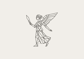 A geometric style line art Nike goddess logo, representing victory, success, and the divine spirit of triumph