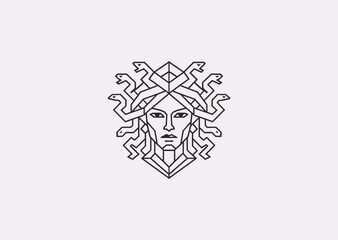 A geometric style line art Medusa logo, symbolizing mystery, danger, and the mythical gorgon with snake hair