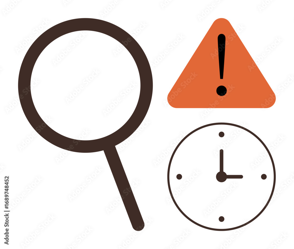 Poster magnifying glass, orange warning triangle with exclamation mark, and simple clock emphasize urgency 