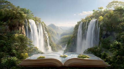 Open book revealing a lush waterfall landscape