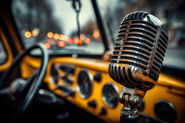 Vintage microphone in a classic car interior.