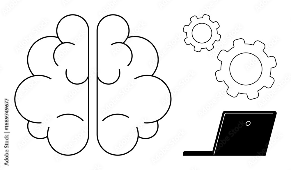 Poster brain with gears and laptop visualizing technology, innovation, cognition, problem-solving, and mode